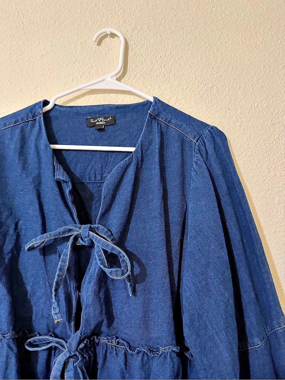 Cropped Tie-Front Denim Jacket in Blue Like New